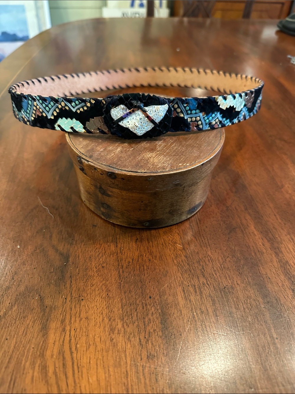 Women’s mixed media black suede with gold, silver, and bronze leaf notch belt